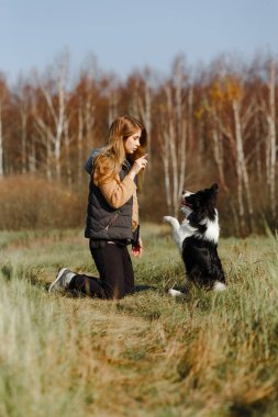Siyah-beyaz sınırda çoban köpeği eğiten bir kız.
