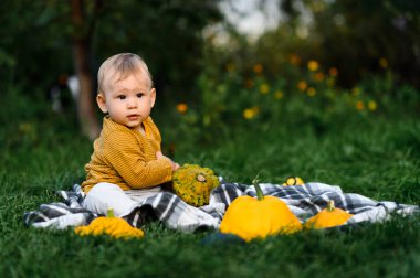 Sebzelerle çimenlerde oturan sevimli bebek, hasat zamanı.