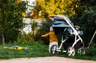 Küçük çocuk yazın çimlerin üzerinde bebek arabasının yanında