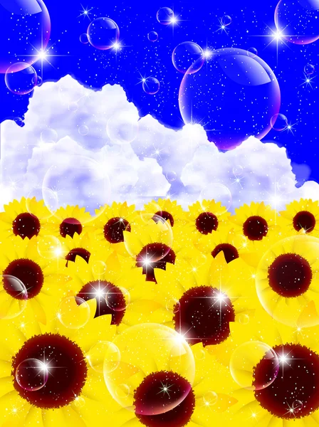 Baloncuklar arka planda gökyüzü ayçiçeği — Stok Vektör