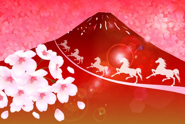 Horse Fuji cherry tree New Year's card — Stock Vector
