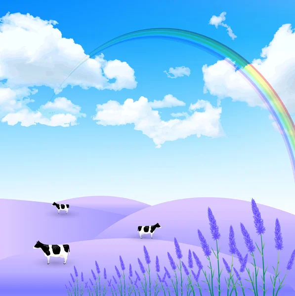 熏衣草的奶牛景观 — 图库矢量图片