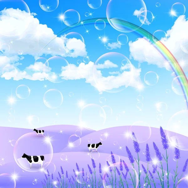 Lavendel koe landschap — Stockvector