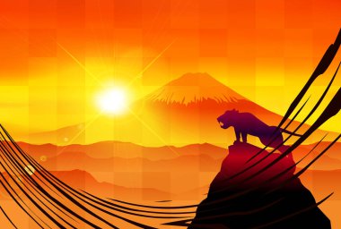 Kaplan Yeni Yıl Kartı Dağı. Fuji arkaplanı 