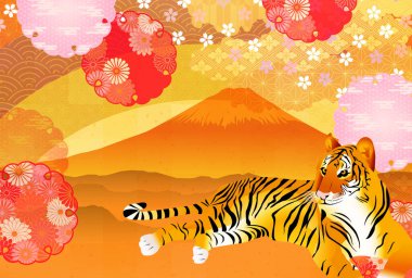 Kaplan Yeni Yıl Kartı Dağı. Fuji arkaplanı 