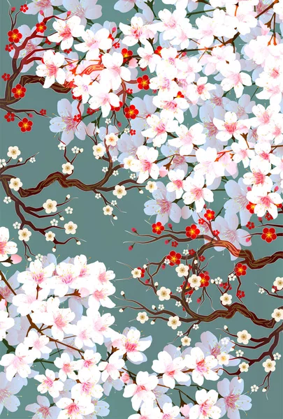 Flores Cerejeira Plum Fundo Primavera — Vetor de Stock