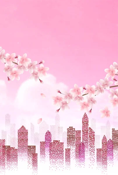 Cherry Blossoms Budynek Wiosna Tło — Wektor stockowy