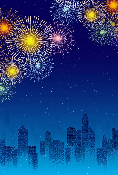 Fireworks Summer Building Night View Background — Stock Vector