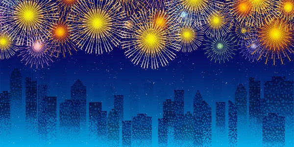 Feuerwerk Sommer Gebäude Nacht Ansicht Hintergrund — Stockvektor