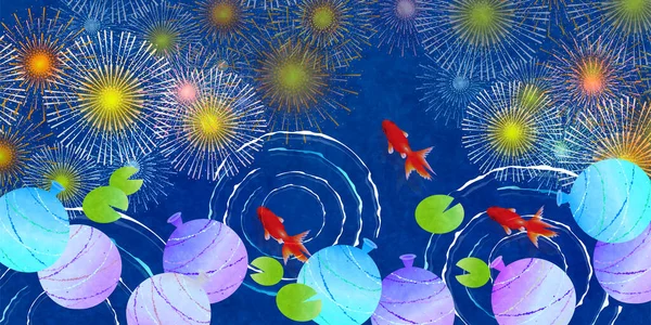 Fogos Artifício Goldfish Verão Japonês Papel Fundo — Vetor de Stock