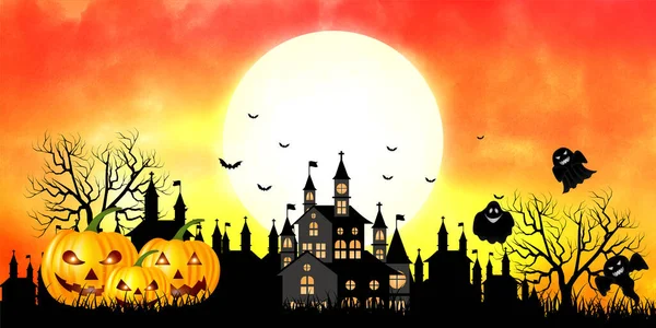 Halloween Pompoen Kasteel Maan Achtergrond — Stockvector