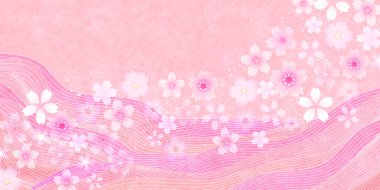 Kiraz çiçekleri Japon desenli arka planda dalgalanıyor