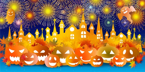 Halloween Zucca Fuochi Artificio Castello Sfondo — Vettoriale Stock