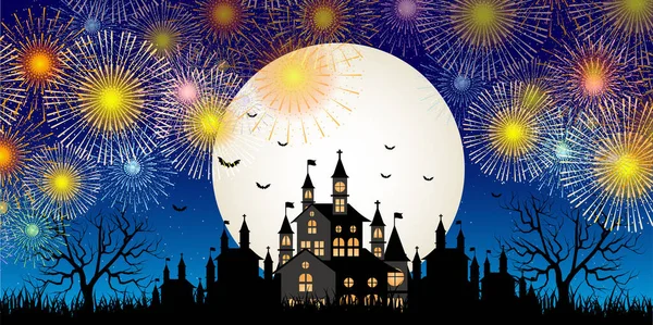 Halloween Castelo Fogos Artifício Lua Cheia Fundo — Vetor de Stock