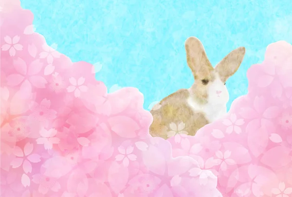 野兔樱花新年贺卡的背景 — 图库矢量图片
