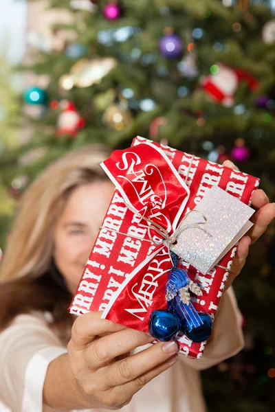 Mujer sosteniendo regalo de Navidad — Foto de Stock