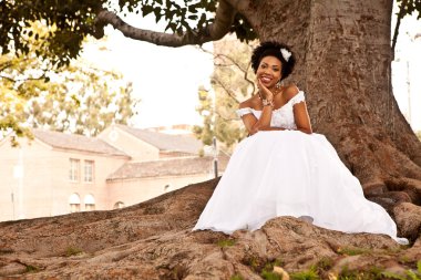 Beautiful African American Bride under an oak tree
