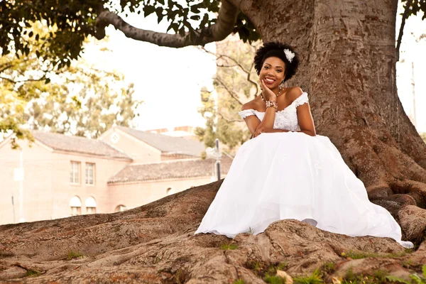 Belle mariée afro-américaine sous un chêne Images De Stock Libres De Droits