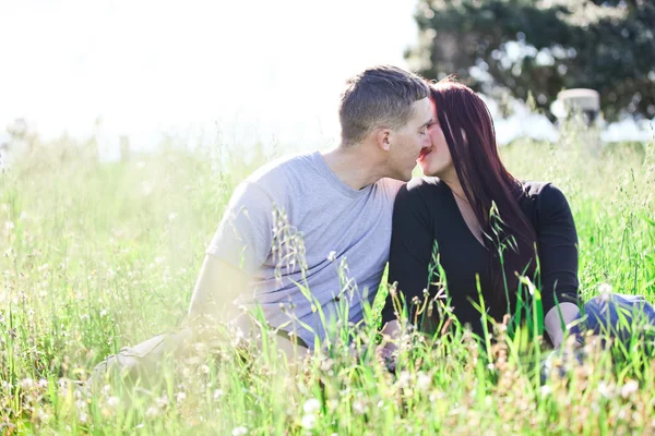 Um casal se beijando no prado — Fotografia de Stock