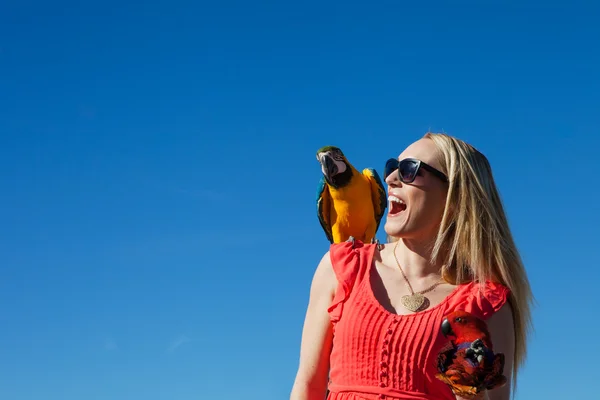 Hermosa mujer con loros de guacamayo —  Fotos de Stock