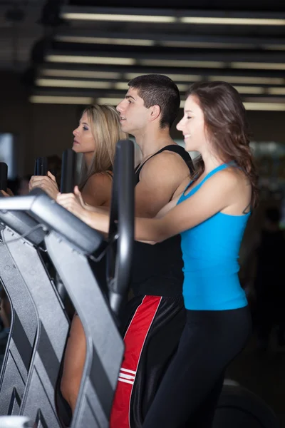 Thre friends exercising at the gym on stair steppers — Stock Photo, Image