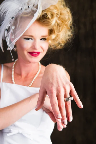 Happy proud Bride showing off her ring — Stock Photo, Image