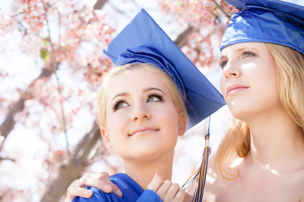 Mulheres graduadas sob flores de cerejeira — Fotografia de Stock