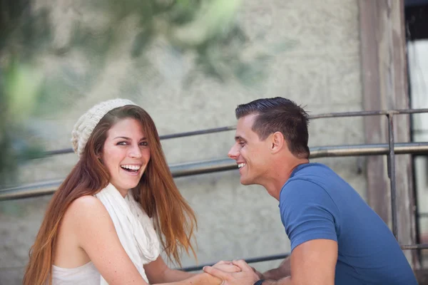 Happy couple at a cafe — Stok fotoğraf