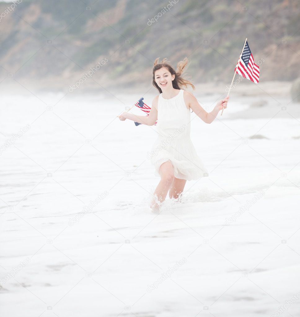 Pretty Teenage Girl with American flags