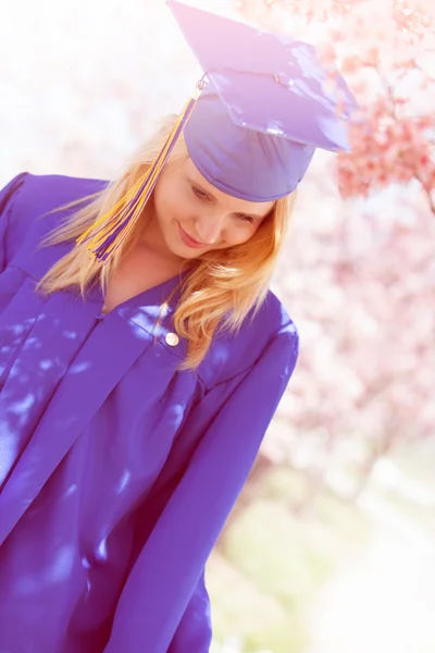Vackra studentexamen under blommande körsbärsträd — Stockfoto