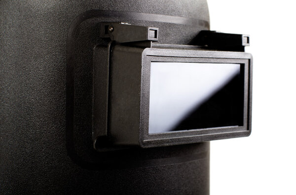 Photo black protective screen closeup , for electric arc welding, on white background, isolated