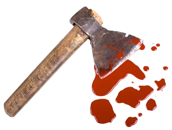 Instrument of crime axe in puddle blood, lie in white background, isolated — Stock Photo, Image