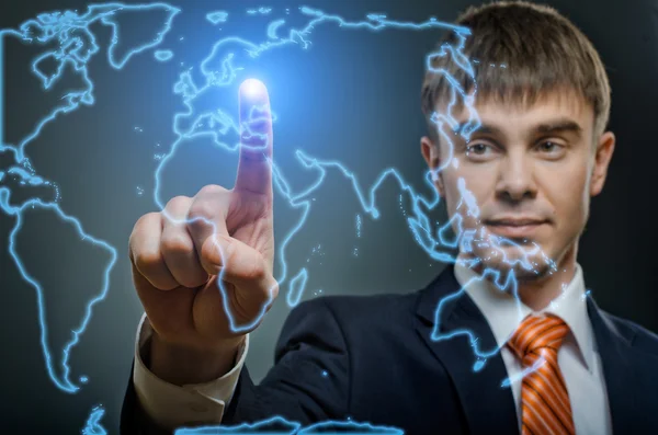 Businessman finger point touch en el mapa del mundo — Foto de Stock