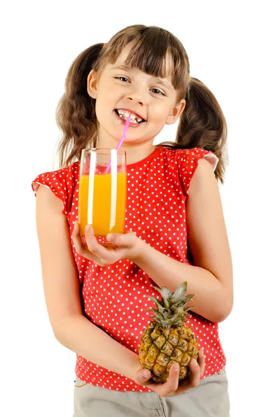 Little girl hold pineapple and   juice — Stock Photo, Image