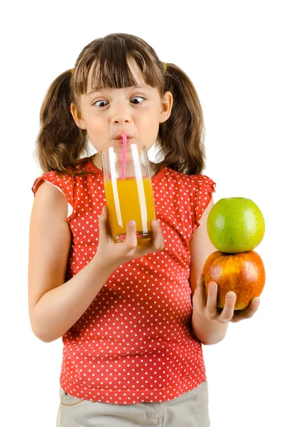 Niña con manzanas y jugo de beber — Foto de Stock