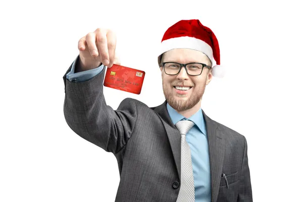 Happy Businessman Santa Claus Holds His Fingers Credit Card Smile — Stock Photo, Image