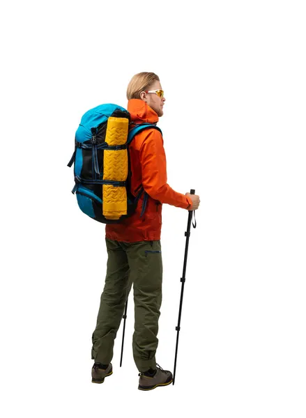 Turist Backpacker Med Ryggsäck Och Turistutrustning Kläder Höst Vinter Säsong Stockbild