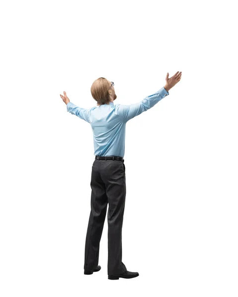 One Fun Businessman Office Worker Exults Turn Back White Background — Stock Photo, Image