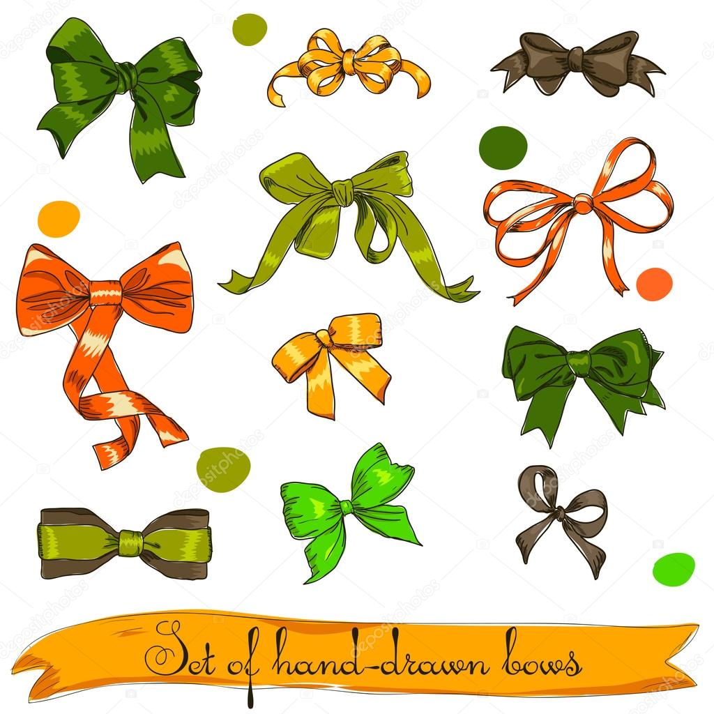 Set of vintage orange, green and brown bows.