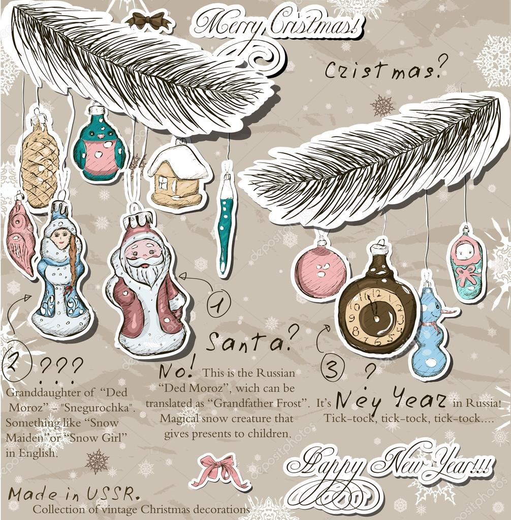 Poster with vintage Christmas decorations.
