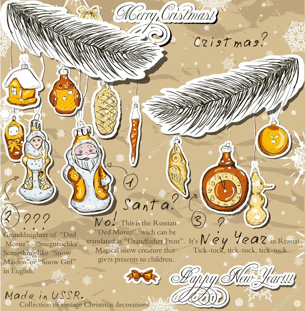 Poster with vintage Christmas decorations .