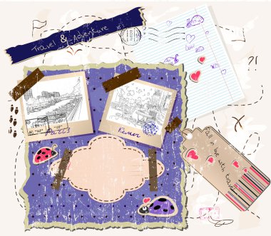 pul ve fotoğraf çerçeveleri ile scrapbooking.