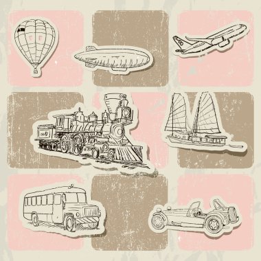 Vintage vector poster with different vehicles. clipart