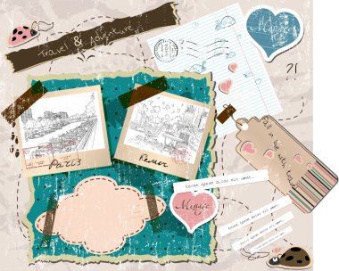 pul ve fotoğraf çerçeveleri ile scrapbooking.