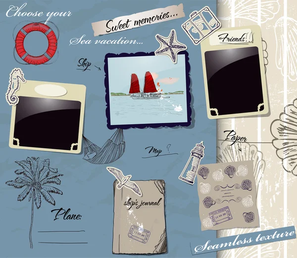 Scrapbookng poster met zee reizen elementen. — Stockvector