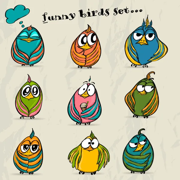 Set di 9 divertenti uccelli dei cartoni animati . — Vettoriale Stock