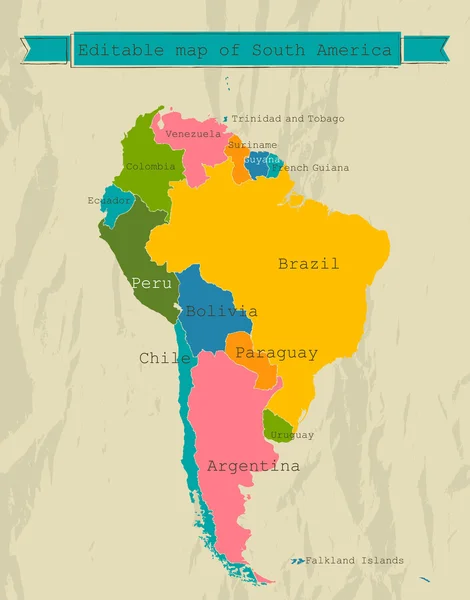 Mapa editável da América do Sul com todos os países . — Vetor de Stock