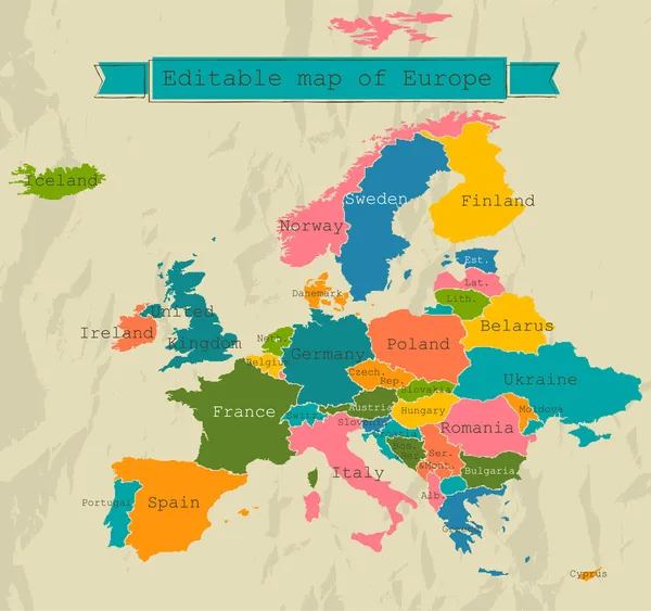 Mapa editável da Europa com todos os países . — Vetor de Stock