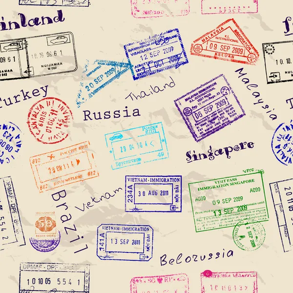 Texture sans couture avec de vrais timbres de visa . — Image vectorielle