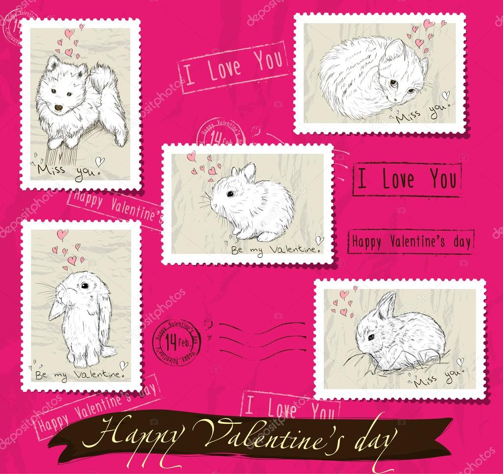 Set of postage stamps about love.